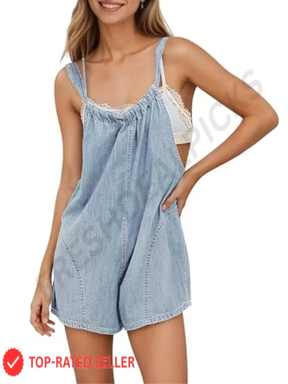 Women's Cotton Denim Overalls Shorts Romper Adjustable Tie Back Jumpsuit Pockets